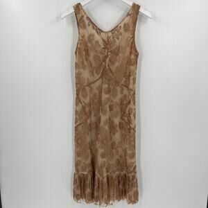 Jill Stuart V-Neck Sleeveless Floral Lace Midi Sheath Zip Dress Tan Beige Size 4